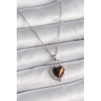 316L Çelik Gümüş Renk Zincir Kilit Kalp Kehribar Boncuk Model Kadın Kolye