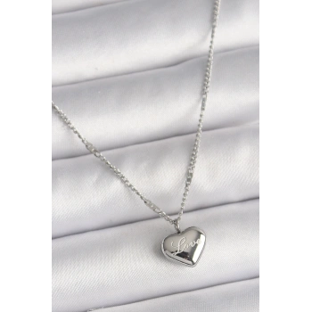 316L Çelik Gümüş Renk Zincir Love İşleme Kalp Figür Kadın Kolye