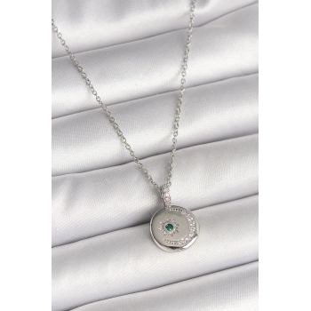 316L Çelik Gümüş Renk Zincir Madalyon Zirkon Taşlı İşlemeli Hilal Yıldız Model Kadın Kolye
