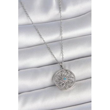 316L Çelik Gümüş Renk Zincir Mavi Taşlı Lotus Model Kadın Kolye
