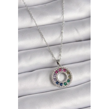 316L Çelik Gümüş Renk Zincir Renkli Zirkon Taşlı Madalyon Model Kadın Kolye