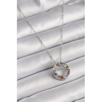 316L Çelik Gümüş Renk Zincir Renkli Zirkon Taşlı Xoxo Model Kadın Kolye