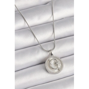 316L Çelik Gümüş Renk Zincir Zirkon Taş Detaylı Beyaz Sedefli Ay Yıldız İşleme Kadın Kolye