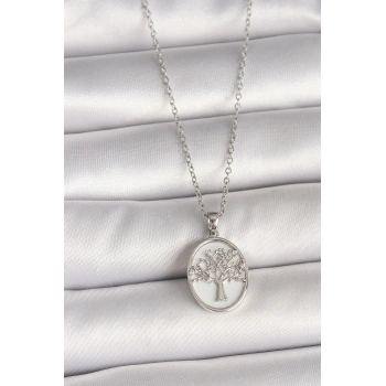 316L Çelik Gümüş Renk Zincir Zirkon Taş İşlemeli Beyaz Mineli Ağaç İşlemeli Portre Model Kadın Kolye