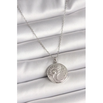 316L Çelik Gümüş Renk Zincir Zirkon Taşlı Ay Güneş İşlemeli Madalyon Model Kadın Kolye
