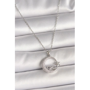 316L Çelik Gümüş Renk Zincir Zirkon Taşlı Ay Yıldız Model Sonsuzluk Detay Kadın Kolye