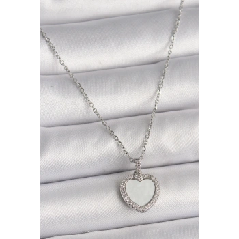 316L Çelik Gümüş Renk Zincir Zirkon Taşlı Beyaz Mineli Kalp Model Kadın Kolye