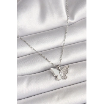 316L Çelik Gümüş Renk Zincir Zirkon Taşlı Beyaz Mineli Kelebek Model Kadın Kolye