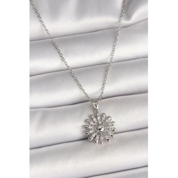 316L Çelik Gümüş Renk Zincir Zirkon Taşlı Güneş Model Kadın Kolye