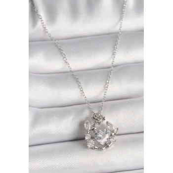 316L Çelik Gümüş Renk Zincir Zirkon Taşlı Kalp Figür Gül Detay Kadın Kolye