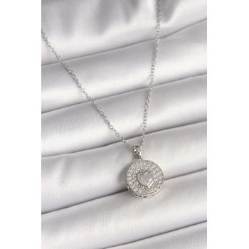 316L Çelik Gümüş Renk Zincir Zirkon Taşlı Kalp İşlemeli Madalyon Model Kadın Kolye