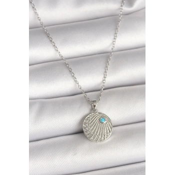 316L Çelik Gümüş Renk Zincir Zirkon Taşlı Mavi Taş Detaylı Madalyon Model Kadın Kolye