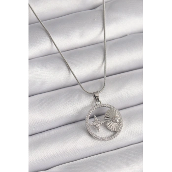 316L Çelik Gümüş Renk Zincir Zirkon Taşlı Yıldız Madalyon Model Kadın Kolye