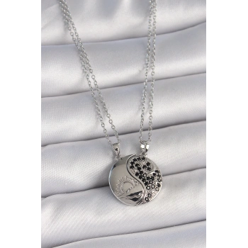 316L Çelik Gümüş Renk Zincir Zirkon Taşlı Ying Yang Model Gün Batımı İşlemeli Arakdaşlık Kadın Kolye