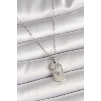 316L Çelik Gümüş Renk Zincir Zirkon Taşlı Yonca Model Kadın Kolye