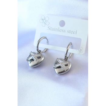 316L Çelik Gümüş Renk Zirkon Taş Detay Kalp Model Kadın Küpe