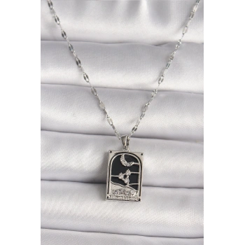 316L Çelik Gümüş Renk Zirkon Taşlı  Ay Figürlü Taror Model Kadın Kolye