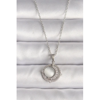 316L Çelik Gümüş Renk Zirkon Taşlı Beyaz Sedefli Hilal Model Kadın Kolye