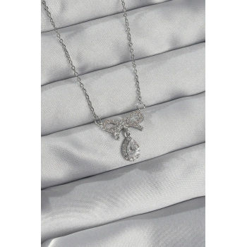 316L Çelik Gümüş Renk Zirkon Taşlı Fiyonk Detay Damla Kolye