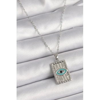 316L Çelik Gümüş Renk Zirkon Taşlı Göz İşleme Detaylı Plaka Model Kadın Kolye