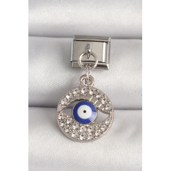 316L Çelik Gümüş Renk Zirkon Taşlı Göz Model Nazar Boncuk Detay Nomination Charm