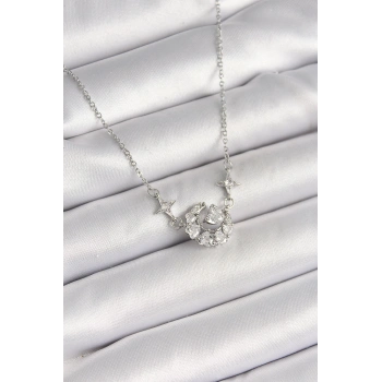 316L Çelik Gümüş Renk Zirkon Taşlı Hilal Kalp Model Kadın Kolye