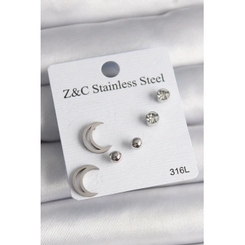 316L Çelik Gümüş Renk Zirkon Taşlı Hilal Model Kadın Küpe Seti