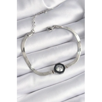 316L Çelik Gümüş Renk Zirkon Taşlı İtalyan Zincir Model Kadın Bileklik