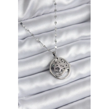 316L Çelik Gümüş Renk Zirkon Taşlı Jaguar Model Kadın Kolye