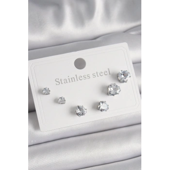 316L Çelik Gümüş Renk Zirkon Taşlı Kalp Model Kadın Küpe Seti