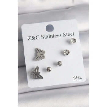 316L Çelik Gümüş Renk Zirkon Taşlı Kelebek Model Kadın Küpe Seti