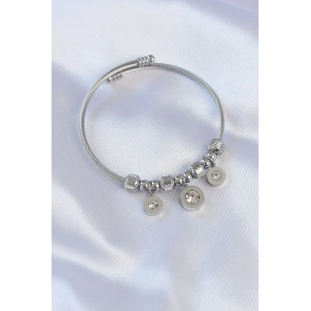 316L Çelik Gümüş Renk Zirkon Taşlı Model Charm Bileklik