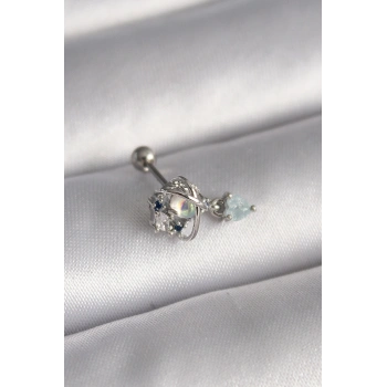 316L Çelik Gümüş Renk Zirkon Taşlı Sallantı Kalp Detay Tragus Piercing