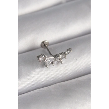 316L Çelik Gümüş Renk Zirkon Taşlı Tragus Piercing