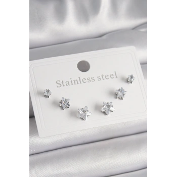 316L Çelik Gümüş Renk Zirkon Taşlı Yıldız Model Kadın Küpe Seti