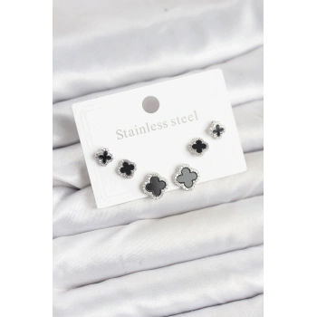 316L Çelik Gümüş Renk Zirkon Taşlı Yonca Model Kadın Küpe Seti