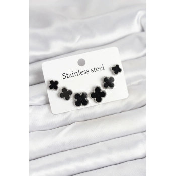 316L Çelik Gümüş Siyah Renk 3 Boy Yonca Küpe Seti