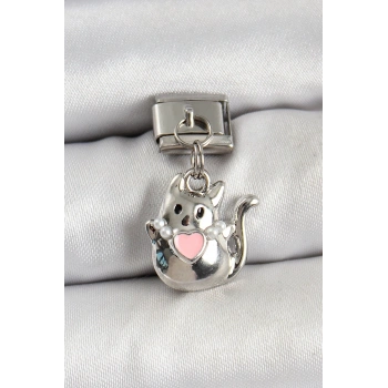 316L Çelik Sallantılı Kalp Detaylı Kedi Model Gümüş Renk Nomination Charm