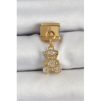 316L Çelik Sallantılı Zirkon Taşlı Ayıcık Model Gold Renk Nomination Charm