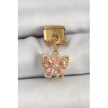 316L Çelik Sallantılı Zirkon Taşlı Çiçek Figürlü Kelebek Model Gold Renk Nomination Charm