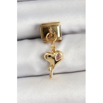 316L Çelik Sallantılı Zirkon Taşlı Eriyen Kalp Model Gold Renk Nomination Charm
