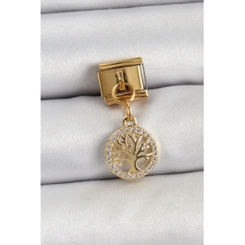 316L Çelik Sallantılı Zirkon Taşlı Hayat Ağacı Model Gold Renk Nomination Charm