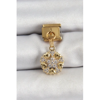 316L Çelik Sallantılı Zirkon Taşlı Kalp Detaylı Yıldz Model Gold Renk Nomination Charm