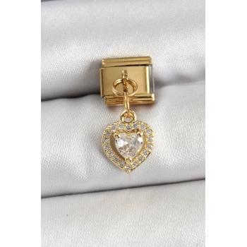316L Çelik Sallantılı Zirkon Taşlı Kalp Model Gold Renk Nomination Charm