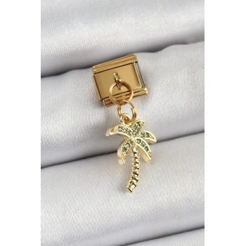 316L Çelik Sallantılı Zirkon Taşlı Palmiye Ağacı Model Gold Renk Nomination Charm