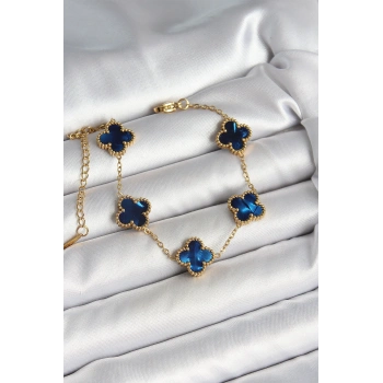 316L Çelik Sedefli Lacivert Gold Renk Yonca Kadın Bileklik