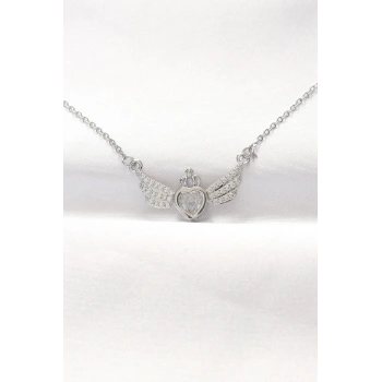 316L Çelik Silver Renk Zirkon Taşlı Kalpli Kanat Kolye