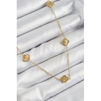 316L Çelik Yonca Model Gold Renk Kadın Kolye