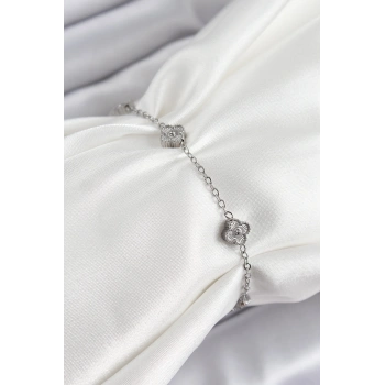 316L Çelik Yonca Model Gümüş Renk Kadın Bileklik