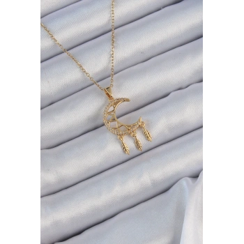 316L Çelik Zincir Altın Renk İşlemeli Zirkon Taşlı Ay Kolye